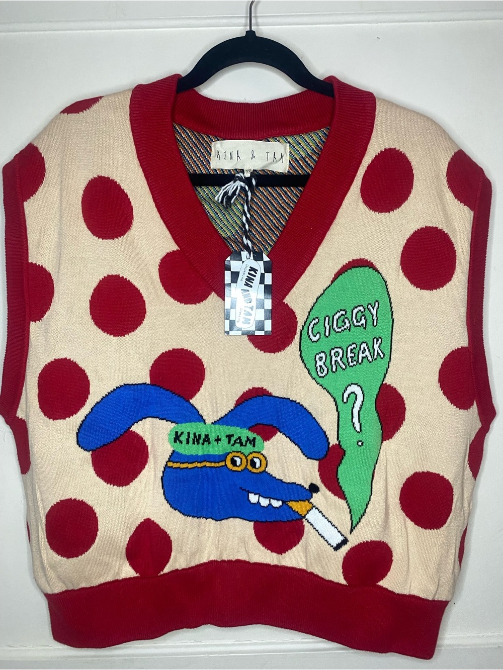 Kina + Tam Red Polka Dot Knit Vest with Graphic Front